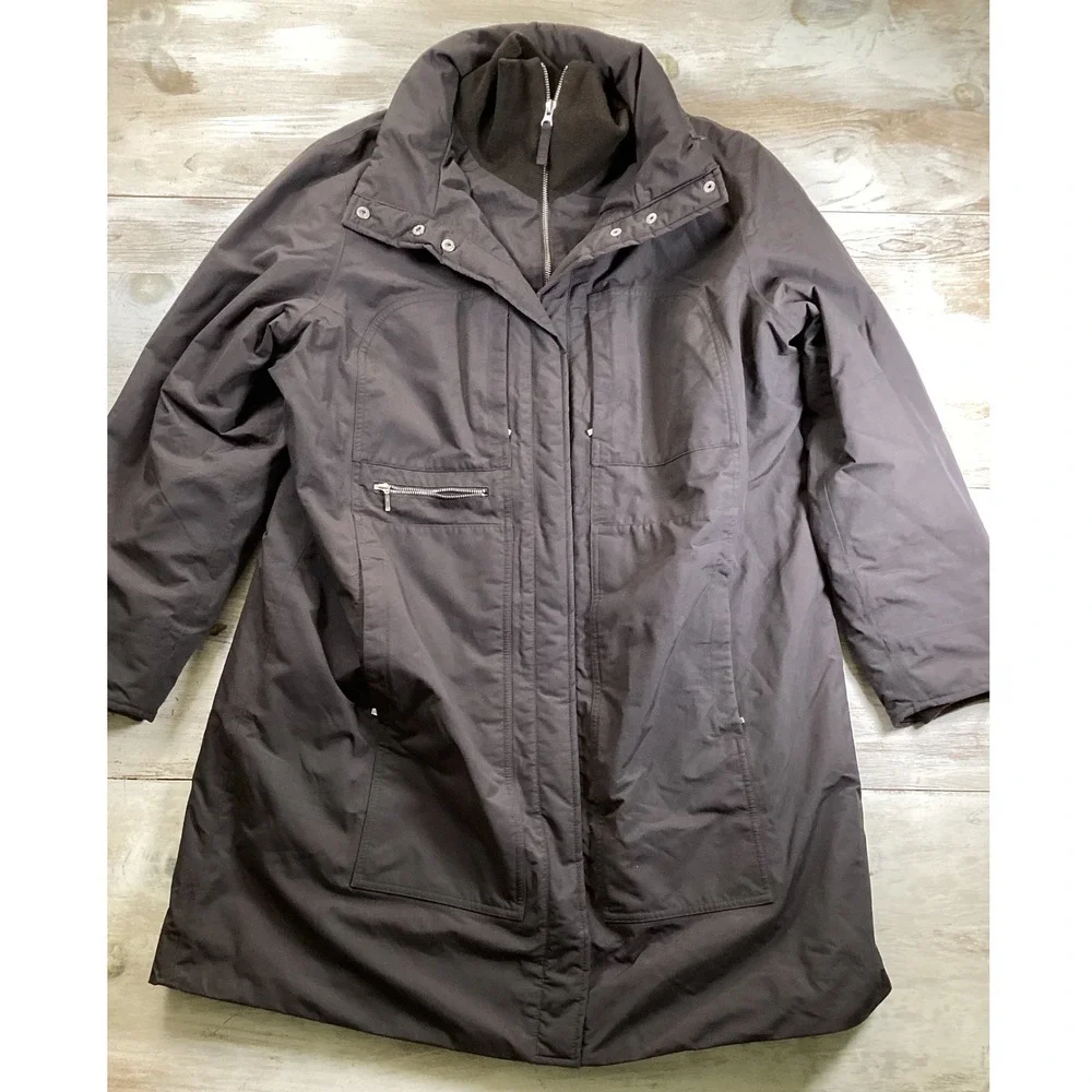 Lands End 1X Womens Dark Brown‎ Quilted Lined Hooded Parka Coat Water Resistant